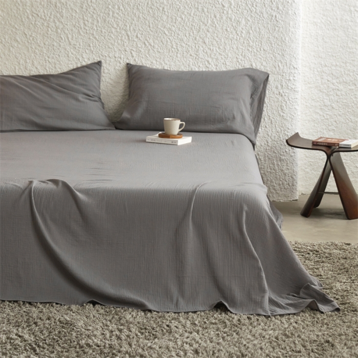 91家纺网 家纺一手货源 找家纺 安莱生活2024新款绉纱美拉德色纯色单品床单 水泥
