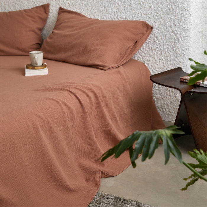 91家纺网 家纺一手货源 找家纺 安莱生活2024新款绉纱美拉德色纯色单品床单 太妃