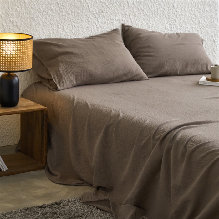 91家纺网 家纺一手货源 找家纺 安莱生活2024新款绉纱美拉德色纯色单品床单 糖棕