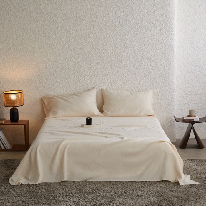 91家纺网 家纺一手货源 找家纺 安莱生活2024新款绉纱美拉德色纯色单品床单 芝士