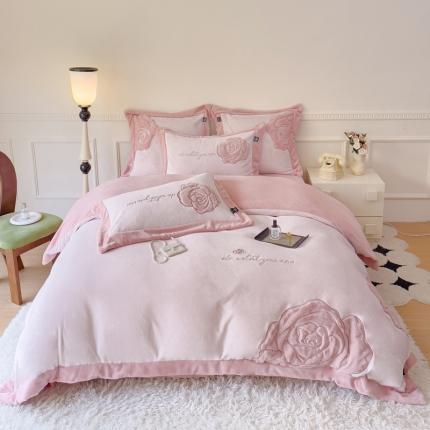 品家居 2025新款牛奶绒贴布绣花四件套-安妮 安妮-粉