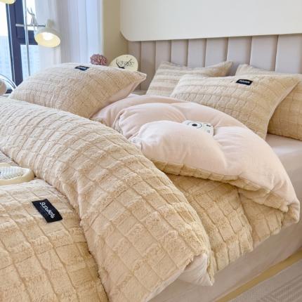 91家纺网 家纺一手货源 找家纺 席世家 2023新款兔毛贴标四件套 格子-卡其