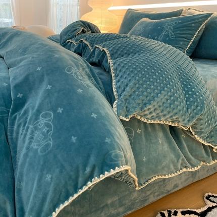 91家纺网 家纺一手货源 找家纺 慕希2024贝壳边200克婴儿绒牛奶豆豆绒提花保暖绒四件套 吉祥兔-蓝