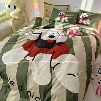 91家纺网 家纺一手货源 找家纺 花伞家居 2024新款设计师款大阪印花水洗棉加厚磨毛四件套 呆萌汪