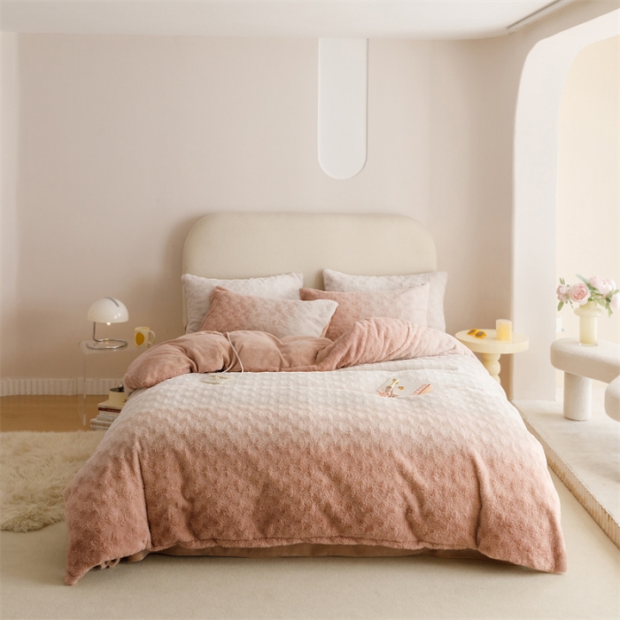 91家纺网 家纺一手货源 找家纺 金奇达家纺 2025秋冬保暖加厚绒类【渐变玫瑰】兔绒四件套 渐变-松石咖