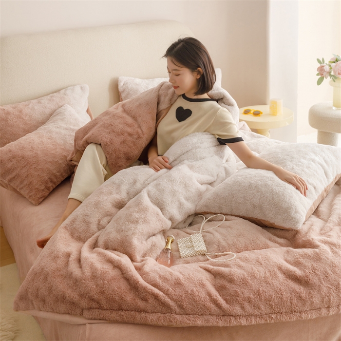 91家纺网 家纺一手货源 找家纺 金奇达家纺 2025秋冬保暖加厚绒类【渐变玫瑰】兔绒四件套 渐变-松石咖