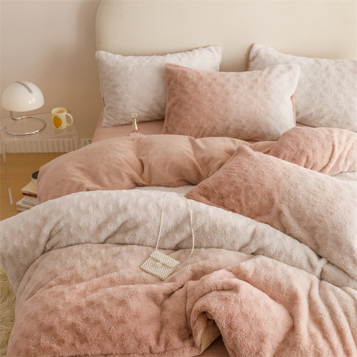 91家纺网 家纺一手货源 找家纺 金奇达家纺 2025秋冬保暖加厚绒类【渐变玫瑰】兔绒四件套 渐变-松石咖