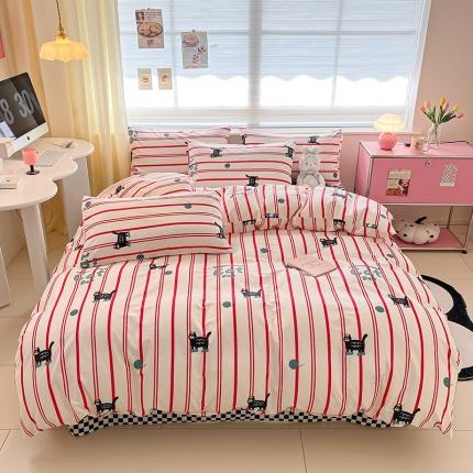 91家纺网 家纺一手货源 找家纺 桃子家居 2024新款纯棉13372粉梦可爱小清新卡通系列四件套 棉-红小猫