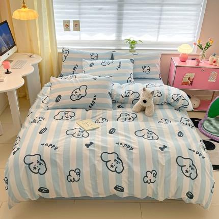 91家纺网 家纺一手货源 找家纺 桃子家居 2024新款纯棉13372粉梦可爱小清新卡通系列四件套 棉-快乐条纹狗蓝