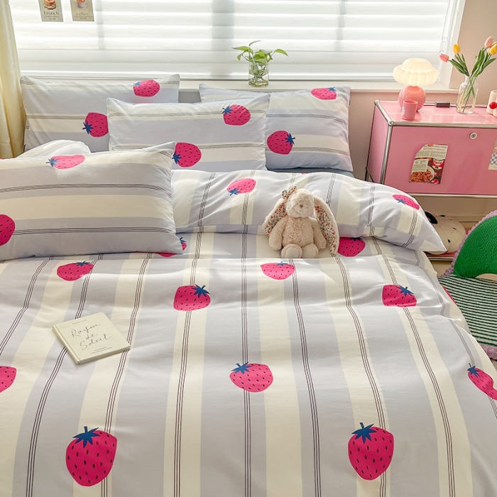 91家纺网 家纺一手货源 找家纺 桃子家居 2024新款纯棉13372粉梦可爱小清新卡通系列四件套 棉-草莓海盐