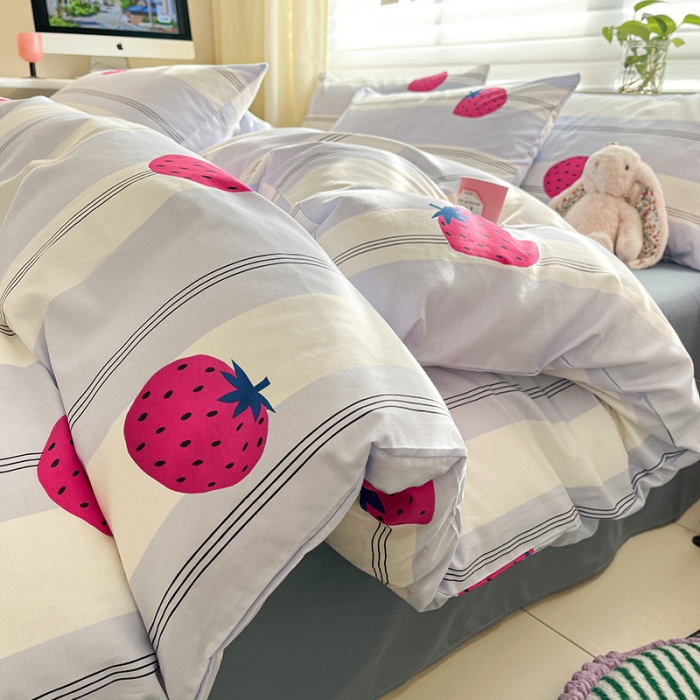 91家纺网 家纺一手货源 找家纺 桃子家居 2024新款纯棉13372粉梦可爱小清新卡通系列四件套 棉-草莓海盐