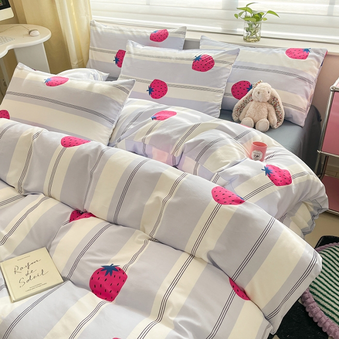 91家纺网 家纺一手货源 找家纺 桃子家居 2024新款纯棉13372粉梦可爱小清新卡通系列四件套 棉-草莓海盐