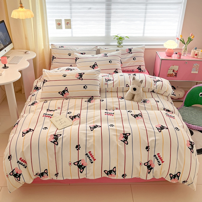 91家纺网 家纺一手货源 找家纺 桃子家居 2024新款纯棉13372粉梦可爱小清新卡通系列四件套 棉-法斗伙伴