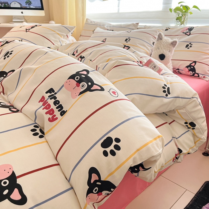 91家纺网 家纺一手货源 找家纺 桃子家居 2024新款纯棉13372粉梦可爱小清新卡通系列四件套 棉-法斗伙伴