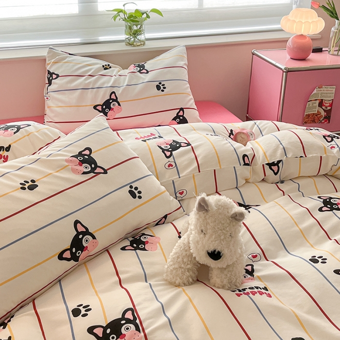 91家纺网 家纺一手货源 找家纺 桃子家居 2024新款纯棉13372粉梦可爱小清新卡通系列四件套 棉-法斗伙伴