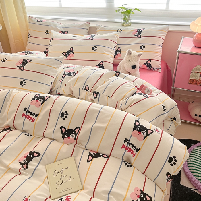 91家纺网 家纺一手货源 找家纺 桃子家居 2024新款纯棉13372粉梦可爱小清新卡通系列四件套 棉-法斗伙伴