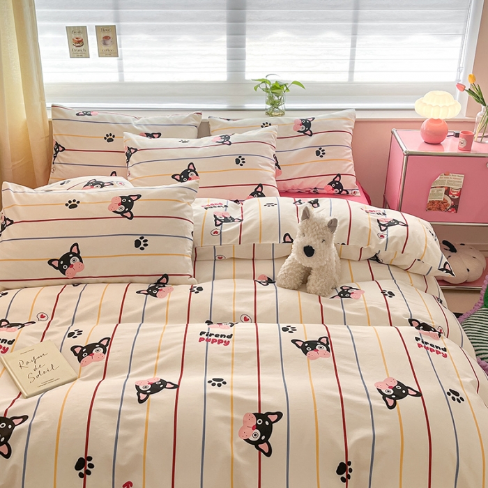 91家纺网 家纺一手货源 找家纺 桃子家居 2024新款纯棉13372粉梦可爱小清新卡通系列四件套 棉-法斗伙伴