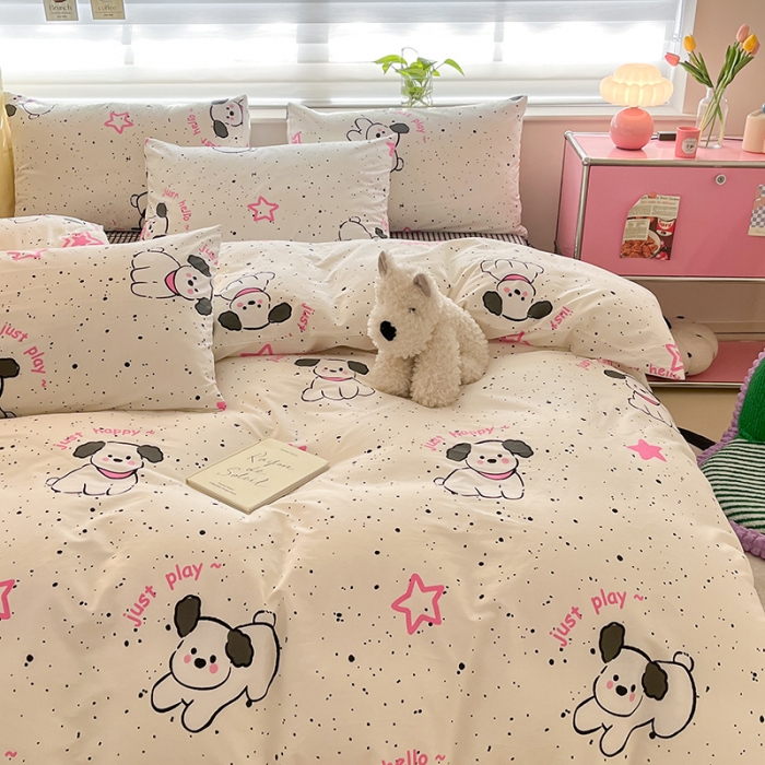 91家纺网 家纺一手货源 找家纺 桃子家居 2024新款纯棉13372粉梦可爱小清新卡通系列四件套 棉-粉萌小狗
