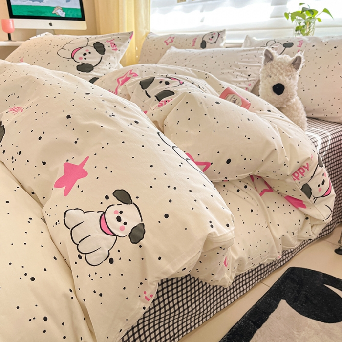 91家纺网 家纺一手货源 找家纺 桃子家居 2024新款纯棉13372粉梦可爱小清新卡通系列四件套 棉-粉萌小狗