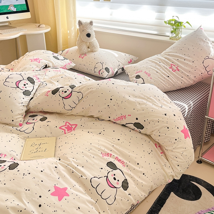 91家纺网 家纺一手货源 找家纺 桃子家居 2024新款纯棉13372粉梦可爱小清新卡通系列四件套 棉-粉萌小狗