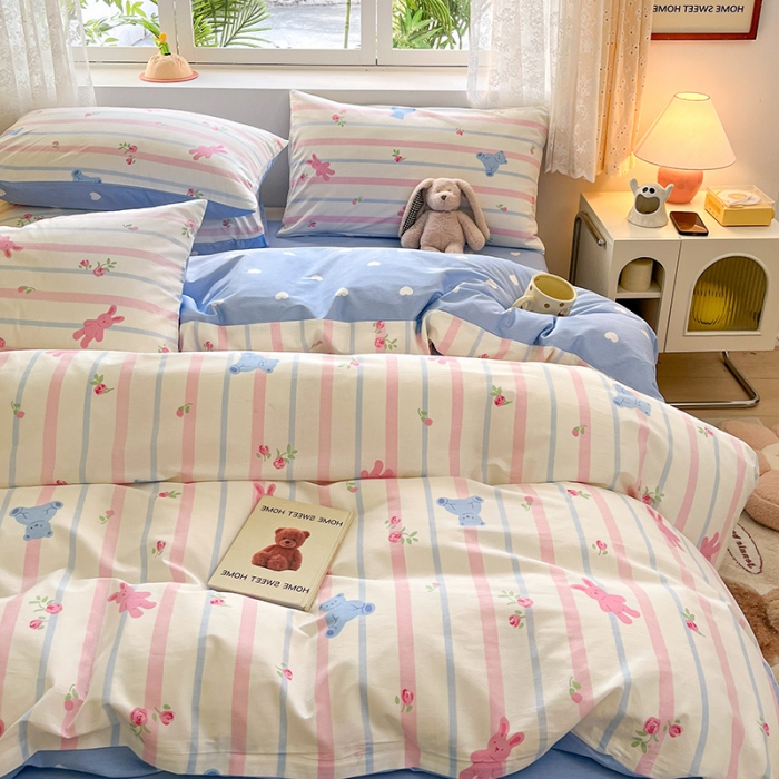 91家纺网 家纺一手货源 找家纺 桃子家居 2024新款纯棉13372粉梦可爱小清新卡通系列四件套 棉-粉梦熊兔
