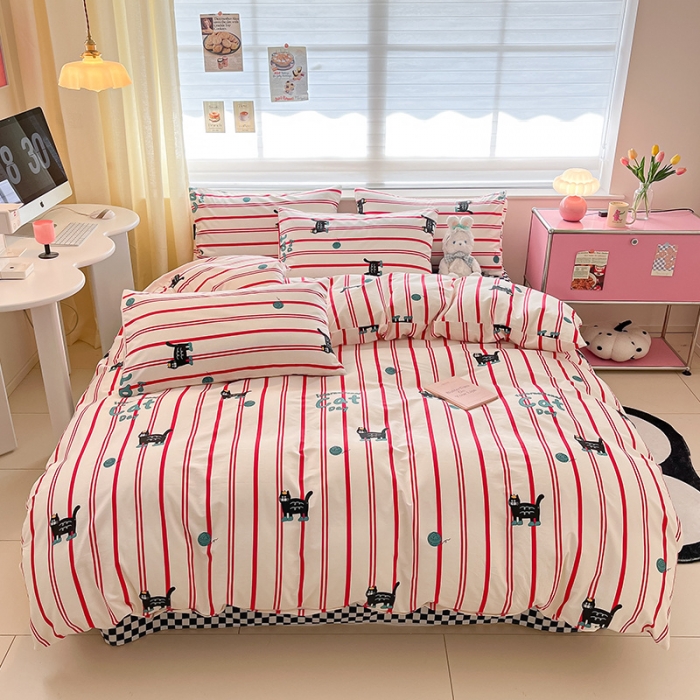 91家纺网 家纺一手货源 找家纺 桃子家居 2024新款纯棉13372粉梦可爱小清新卡通系列四件套 棉-红小猫