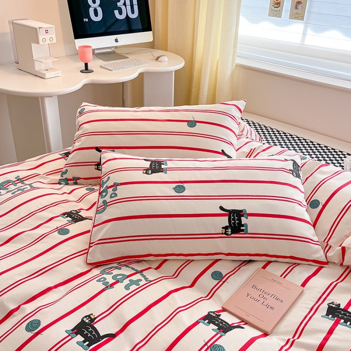 91家纺网 家纺一手货源 找家纺 桃子家居 2024新款纯棉13372粉梦可爱小清新卡通系列四件套 棉-红小猫