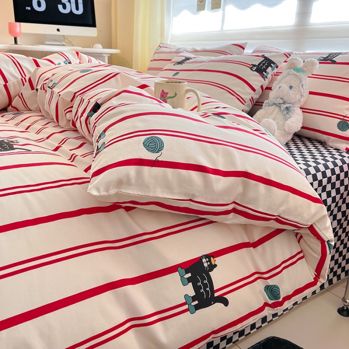 91家纺网 家纺一手货源 找家纺 桃子家居 2024新款纯棉13372粉梦可爱小清新卡通系列四件套 棉-红小猫