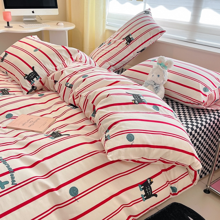 91家纺网 家纺一手货源 找家纺 桃子家居 2024新款纯棉13372粉梦可爱小清新卡通系列四件套 棉-红小猫