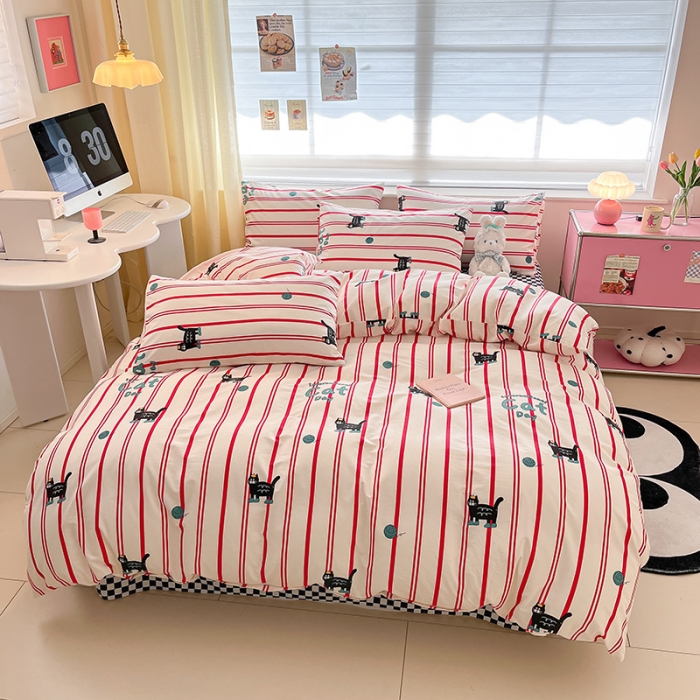 91家纺网 家纺一手货源 找家纺 桃子家居 2024新款纯棉13372粉梦可爱小清新卡通系列四件套 棉-红小猫