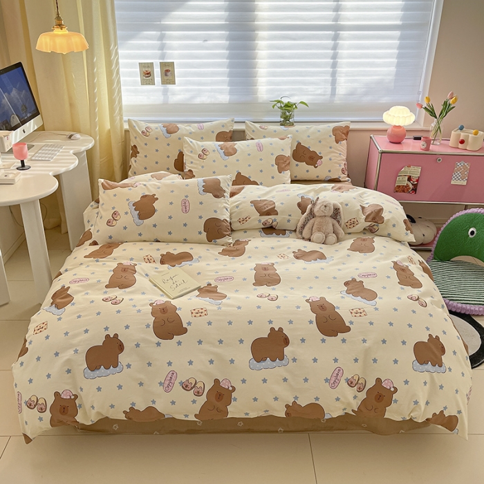 91家纺网 家纺一手货源 找家纺 桃子家居 2024新款纯棉13372粉梦可爱小清新卡通系列四件套 棉-卡皮吧啦