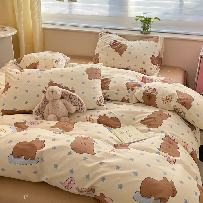 91家纺网 家纺一手货源 找家纺 桃子家居 2024新款纯棉13372粉梦可爱小清新卡通系列四件套 棉-卡皮吧啦