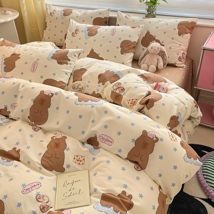 91家纺网 家纺一手货源 找家纺 桃子家居 2024新款纯棉13372粉梦可爱小清新卡通系列四件套 棉-卡皮吧啦