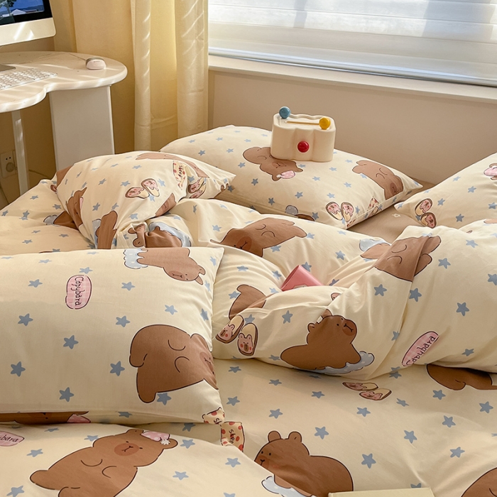 91家纺网 家纺一手货源 找家纺 桃子家居 2024新款纯棉13372粉梦可爱小清新卡通系列四件套 棉-卡皮吧啦