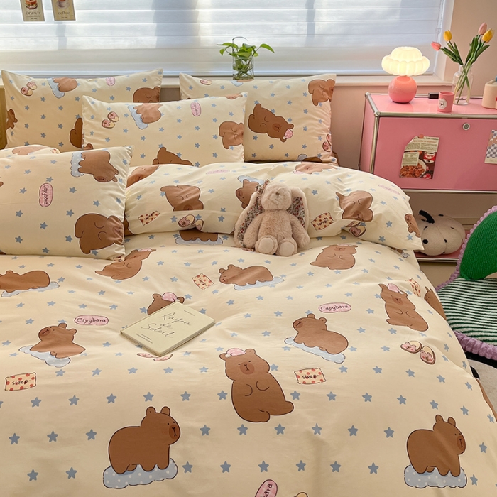 91家纺网 家纺一手货源 找家纺 桃子家居 2024新款纯棉13372粉梦可爱小清新卡通系列四件套 棉-卡皮吧啦