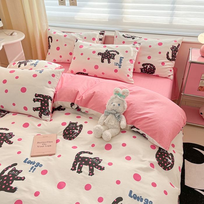 91家纺网 家纺一手货源 找家纺 桃子家居 2024新款纯棉13372粉梦可爱小清新卡通系列四件套 棉-开心猫