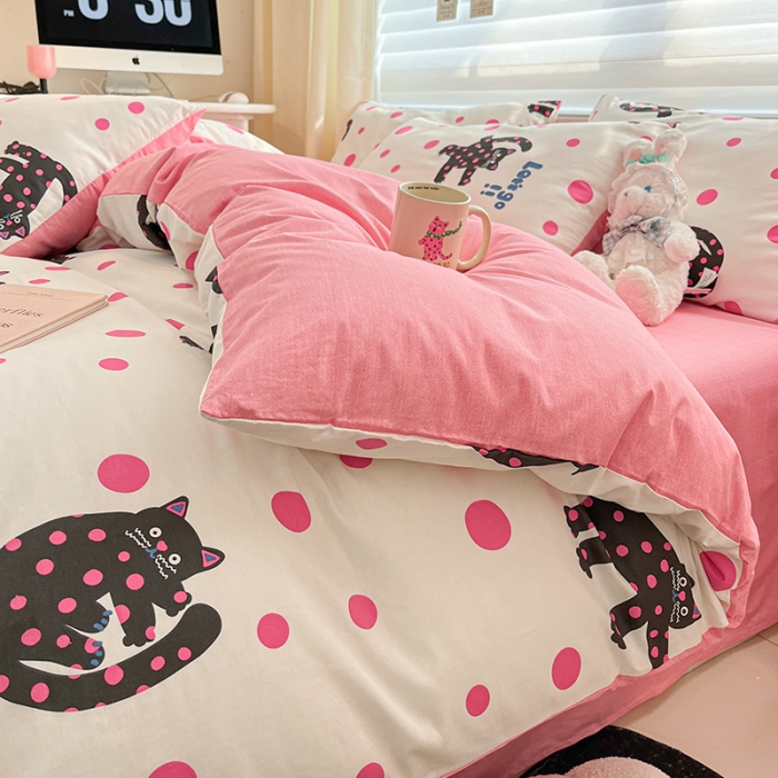91家纺网 家纺一手货源 找家纺 桃子家居 2024新款纯棉13372粉梦可爱小清新卡通系列四件套 棉-开心猫