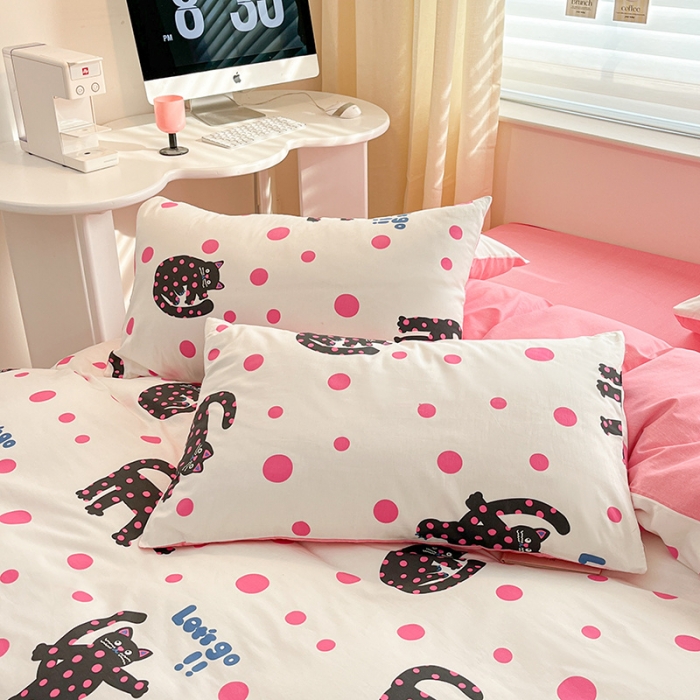 91家纺网 家纺一手货源 找家纺 桃子家居 2024新款纯棉13372粉梦可爱小清新卡通系列四件套 棉-开心猫