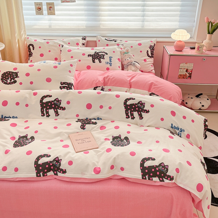 91家纺网 家纺一手货源 找家纺 桃子家居 2024新款纯棉13372粉梦可爱小清新卡通系列四件套 棉-开心猫