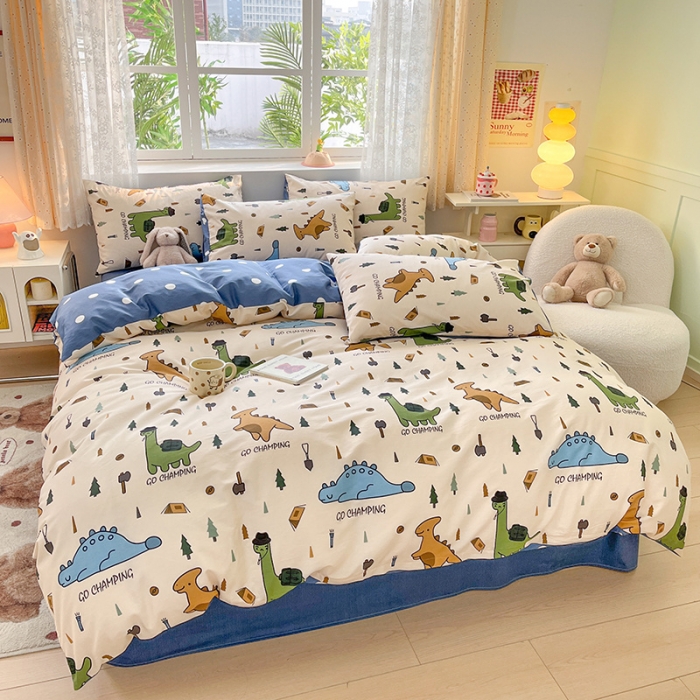 91家纺网 家纺一手货源 找家纺 桃子家居 2024新款纯棉13372粉梦可爱小清新卡通系列四件套 棉-恐龙多多