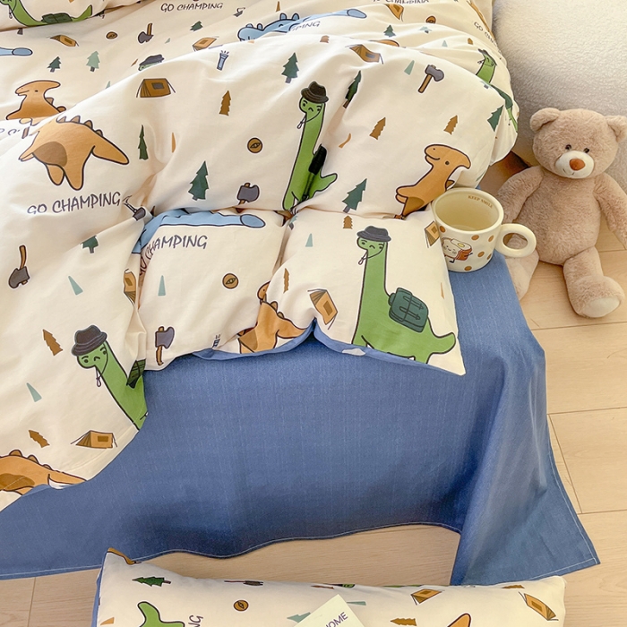 91家纺网 家纺一手货源 找家纺 桃子家居 2024新款纯棉13372粉梦可爱小清新卡通系列四件套 棉-恐龙多多