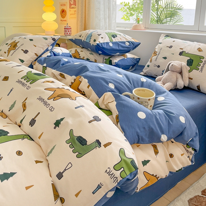 91家纺网 家纺一手货源 找家纺 桃子家居 2024新款纯棉13372粉梦可爱小清新卡通系列四件套 棉-恐龙多多