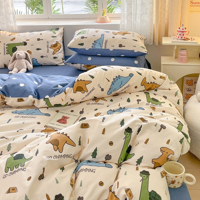 91家纺网 家纺一手货源 找家纺 桃子家居 2024新款纯棉13372粉梦可爱小清新卡通系列四件套 棉-恐龙多多