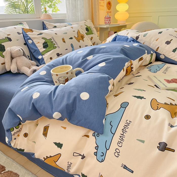 91家纺网 家纺一手货源 找家纺 桃子家居 2024新款纯棉13372粉梦可爱小清新卡通系列四件套 棉-恐龙多多