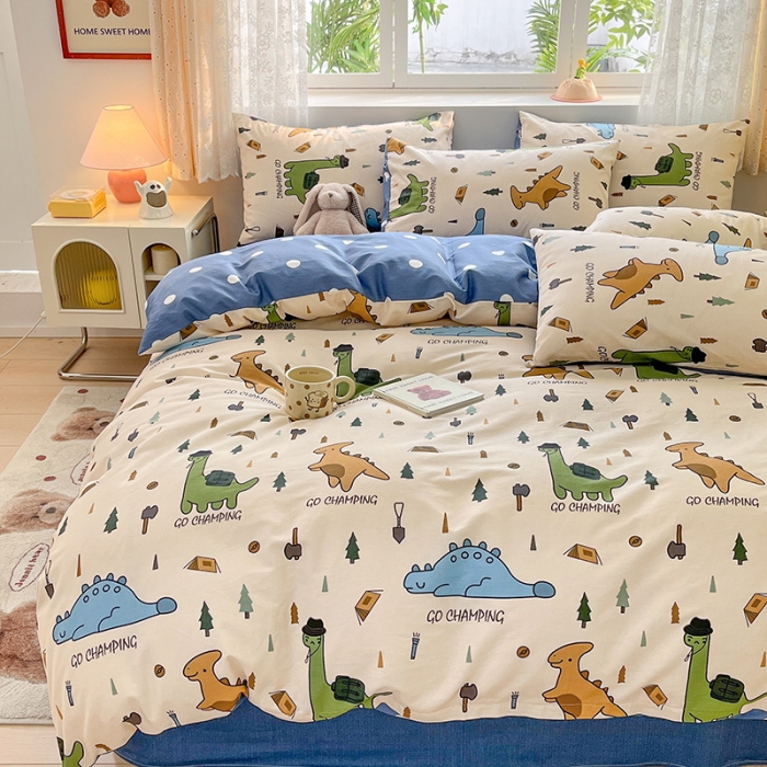 91家纺网 家纺一手货源 找家纺 桃子家居 2024新款纯棉13372粉梦可爱小清新卡通系列四件套 棉-恐龙多多