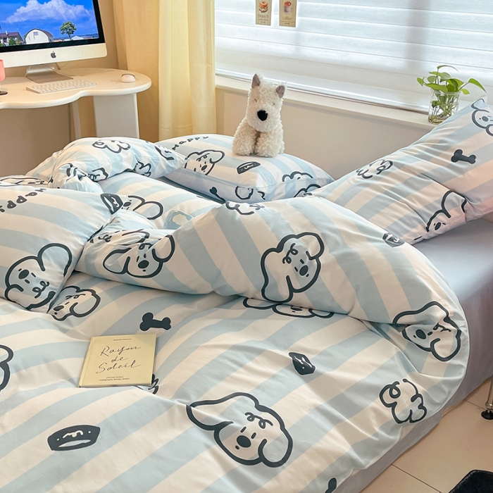 91家纺网 家纺一手货源 找家纺 桃子家居 2024新款纯棉13372粉梦可爱小清新卡通系列四件套 棉-快乐条纹狗蓝