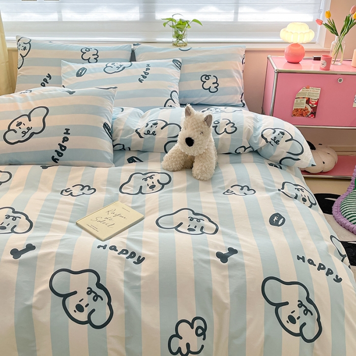 91家纺网 家纺一手货源 找家纺 桃子家居 2024新款纯棉13372粉梦可爱小清新卡通系列四件套 棉-快乐条纹狗蓝