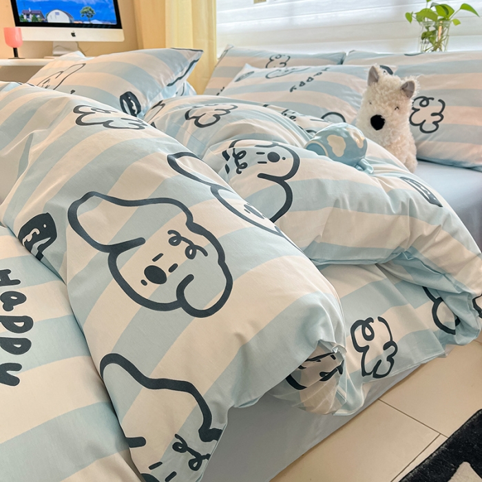 91家纺网 家纺一手货源 找家纺 桃子家居 2024新款纯棉13372粉梦可爱小清新卡通系列四件套 棉-快乐条纹狗蓝