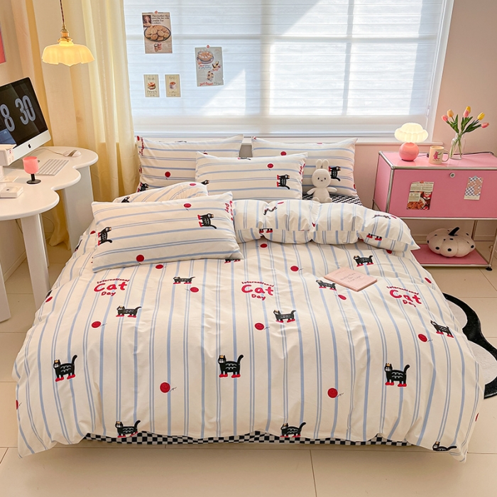 91家纺网 家纺一手货源 找家纺 桃子家居 2024新款纯棉13372粉梦可爱小清新卡通系列四件套 棉-蓝小猫