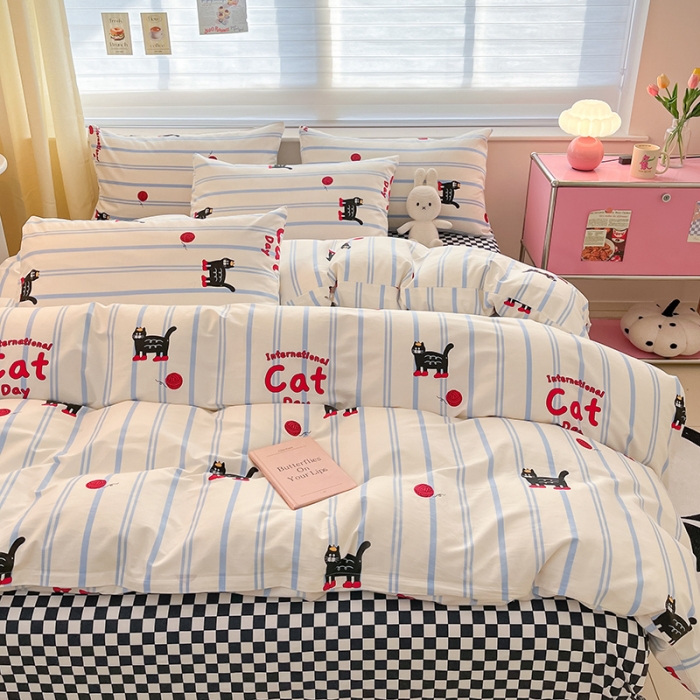 91家纺网 家纺一手货源 找家纺 桃子家居 2024新款纯棉13372粉梦可爱小清新卡通系列四件套 棉-蓝小猫